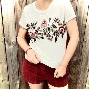 Lucky Brand rose embroidered cream tee shirt